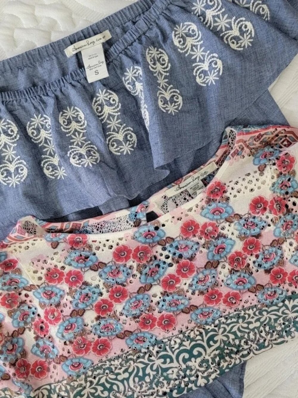 Pair 2 American Rag Blouses Blue Pink Ruffled Embroidered Spring Peasant Size S